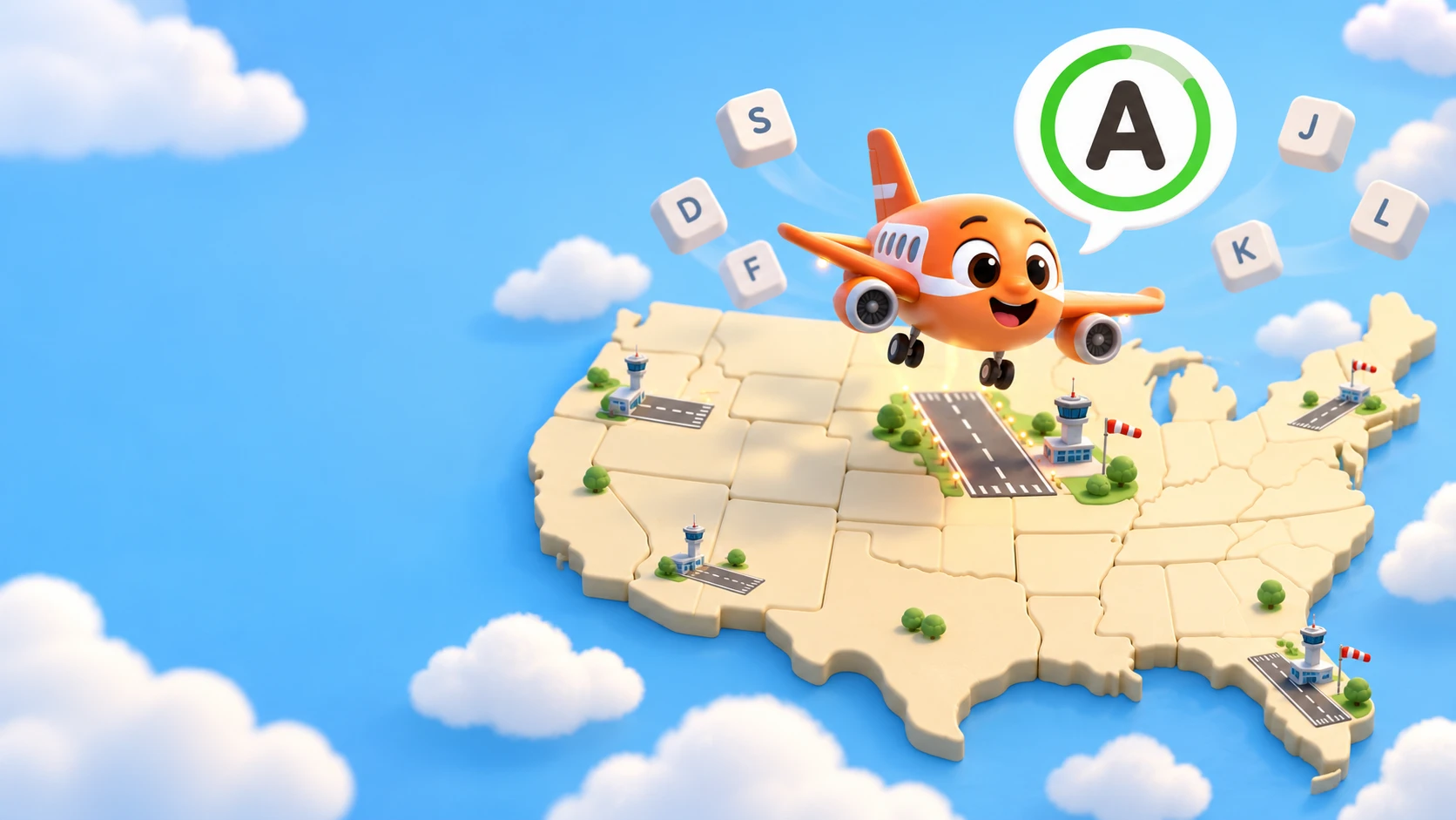A smiling orange cartoon airplane flying over a map of the USA toward a runway